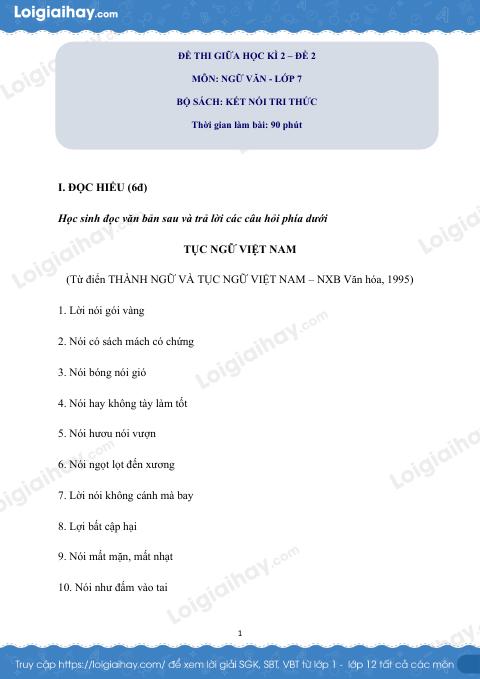 Đề thi giữa kì 2 Văn 7 Cánh diều - Đề số 7
